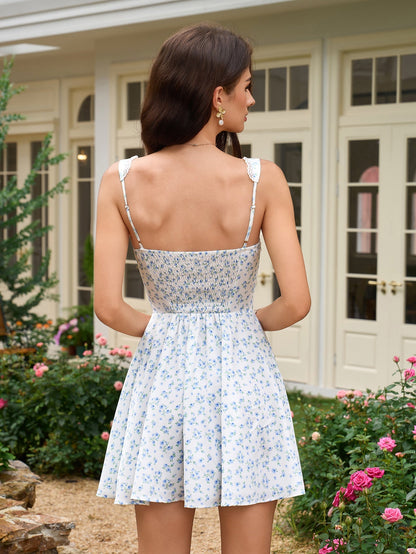 Embellished Button Lace Trim Floral Print Mini Dress
