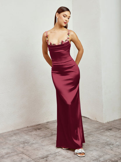 Embellished Strap Tie Back Satin Bodycon Dress