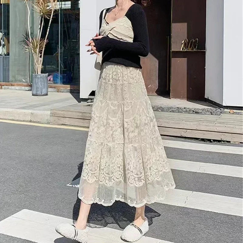 Embroidered Flower Lace High Waist Boho Skirt