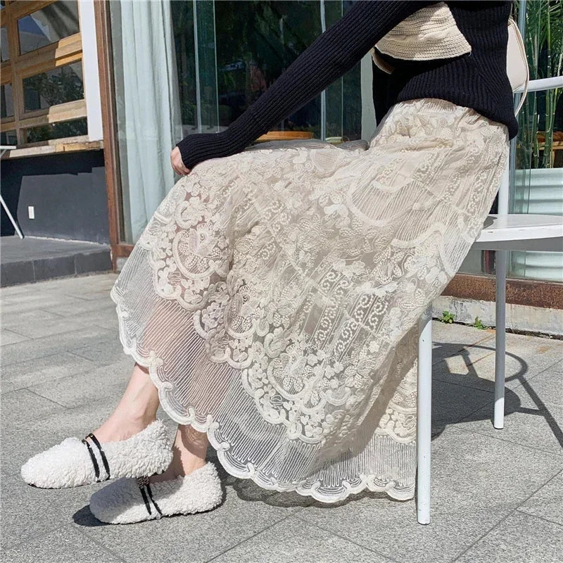 Embroidered Flower Lace High Waist Boho Skirt