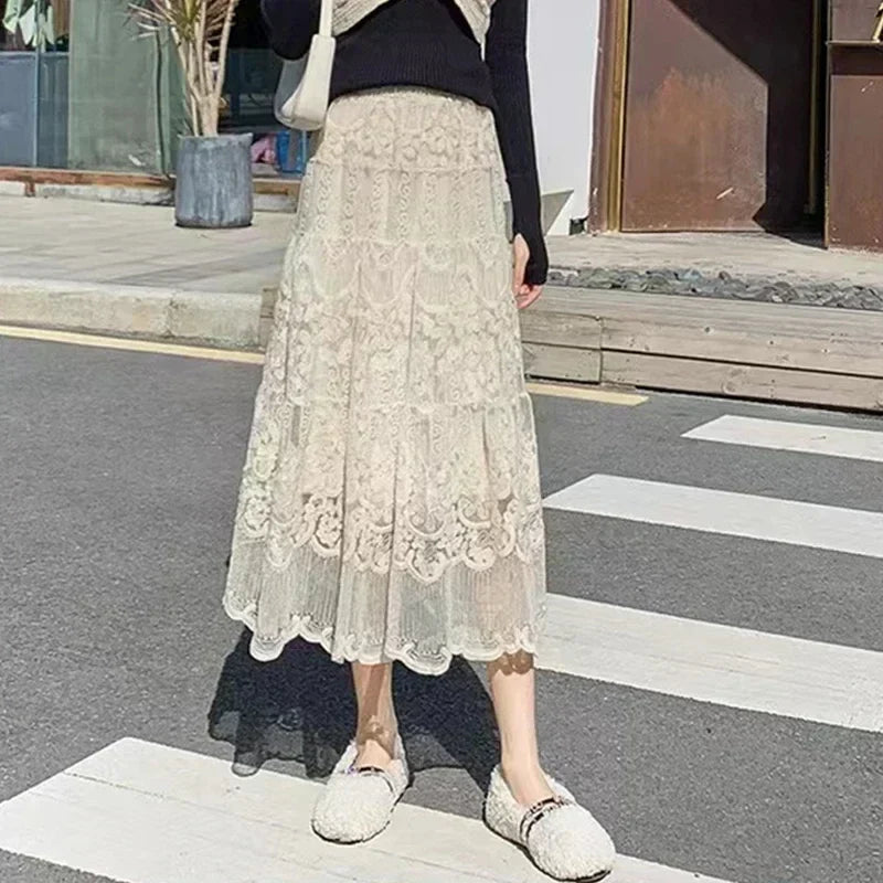 Embroidered Flower Lace High Waist Boho Skirt