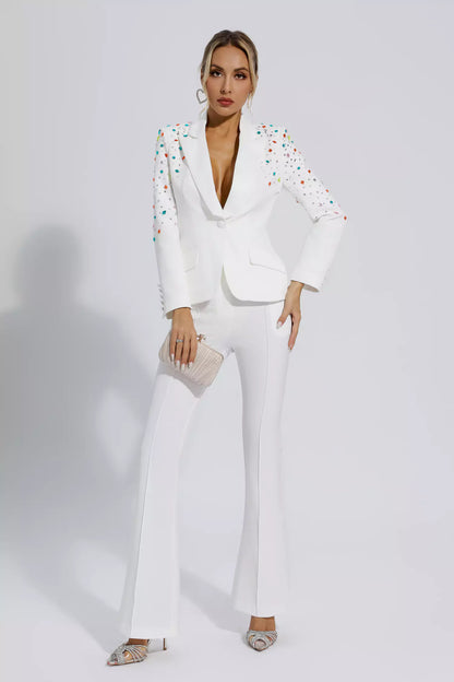 Emely White Beaded Sequin Diamond Blazer Set