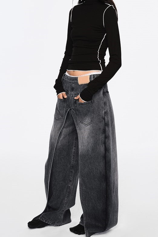 Emely Deconstructed Fake Two-piece Jeans - Black