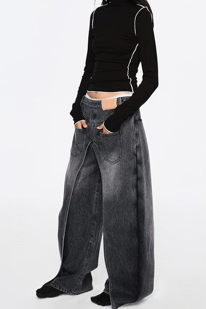 Emely Deconstructed Fake Two-piece Jeans - Black
