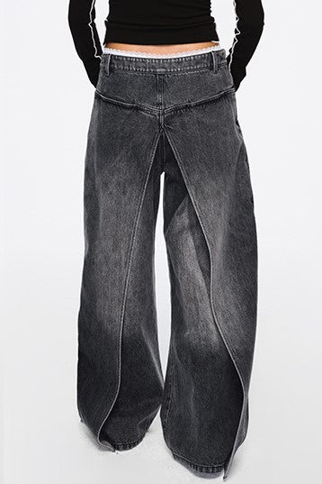 Emely Deconstructed Fake Two-piece Jeans - Black