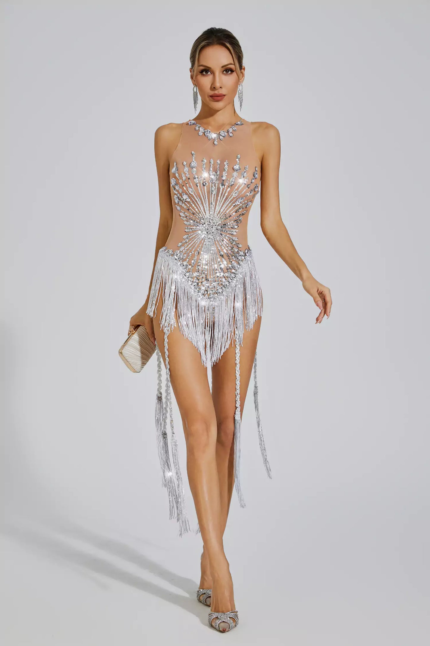 Emerald Silver Diamond Mini Fringe Dress
