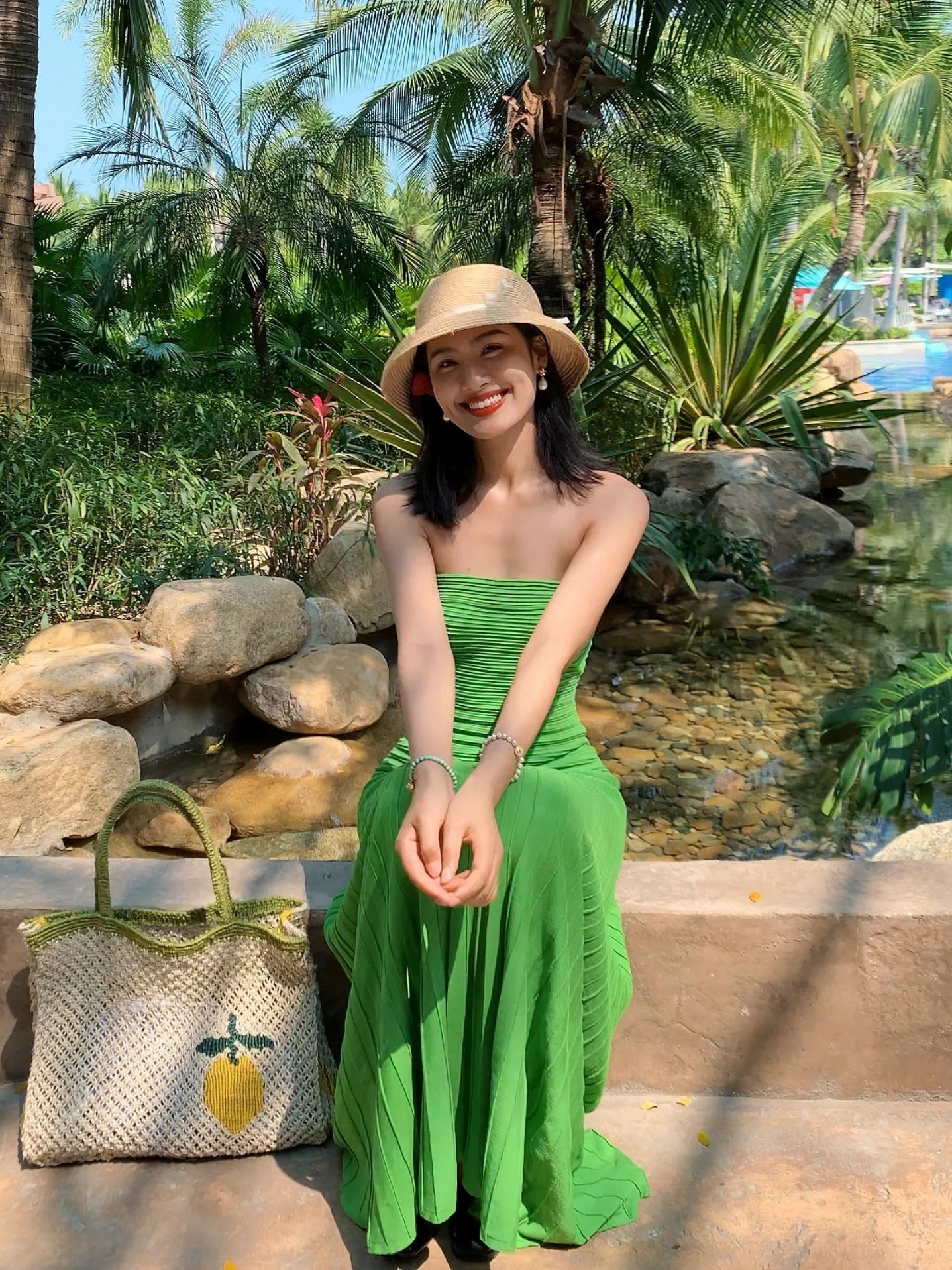 Emerald Green Knit Strapless Bodycon Maxi Dress Elegant Beach Glam