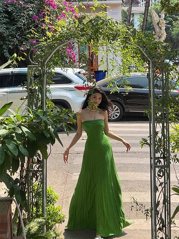 Emerald Green Knit Strapless Bodycon Maxi Dress Elegant Beach Glam