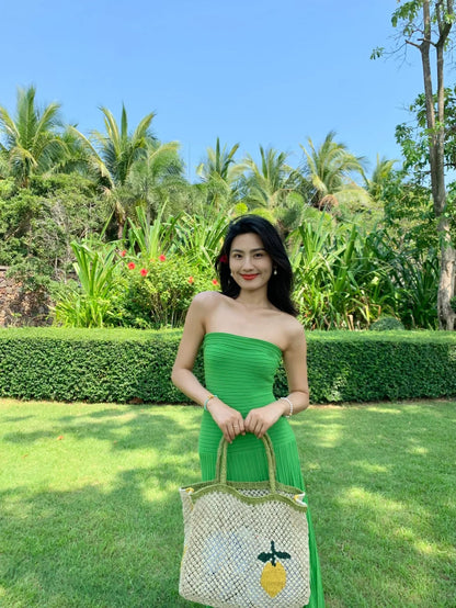 Emerald Green Knit Strapless Bodycon Maxi Dress Elegant Beach Glam