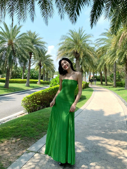 Emerald Green Knit Strapless Bodycon Maxi Dress Elegant Beach Glam