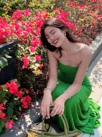 Emerald Green Knit Strapless Bodycon Maxi Dress Elegant Beach Glam