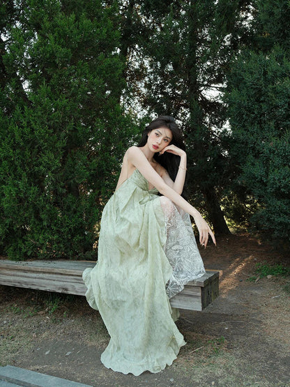 Emerald Green V-Neck Slip Dress Elegant Backless Vacation Dress