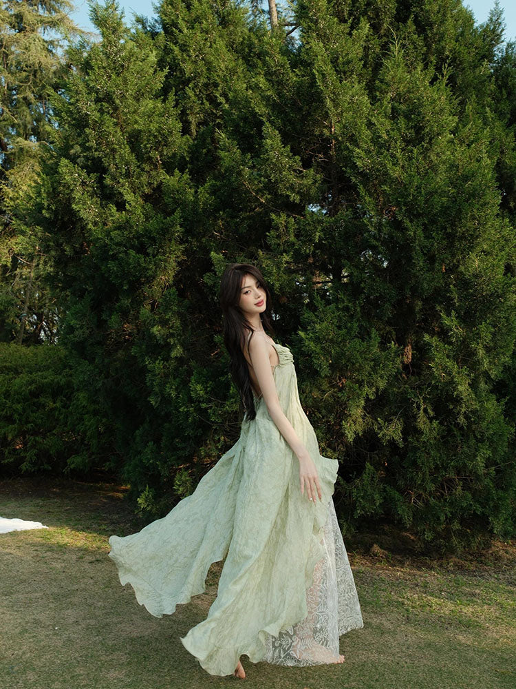 Emerald Green V-Neck Slip Dress Elegant Backless Vacation Dress