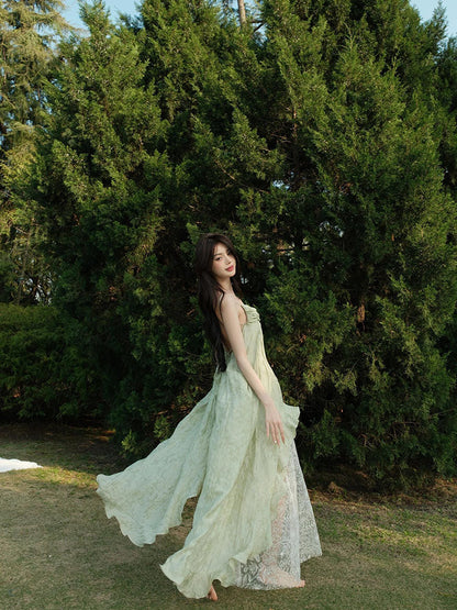 Emerald Green V-Neck Slip Dress Elegant Backless Vacation Dress