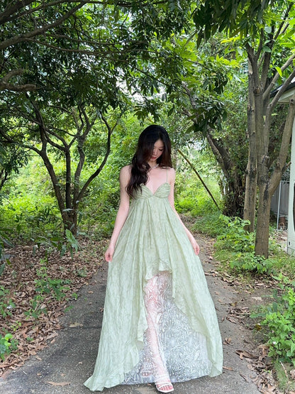 Emerald Green V-Neck Slip Dress Elegant Backless Vacation Dress