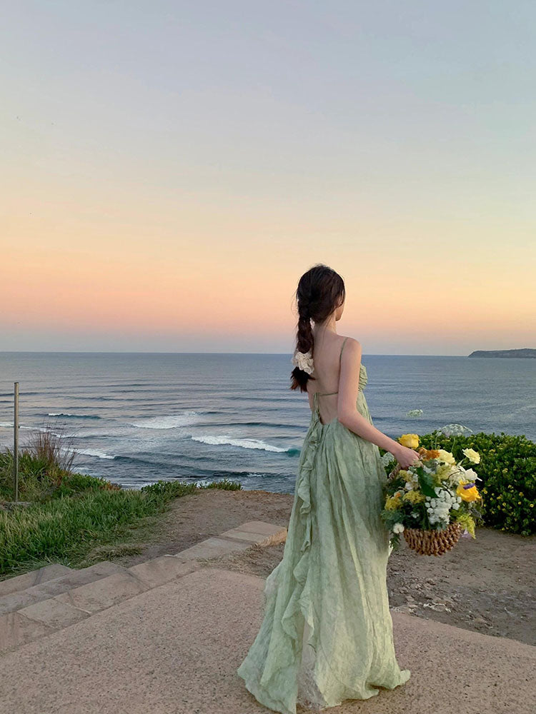 Emerald Green V-Neck Slip Dress Elegant Backless Vacation Dress