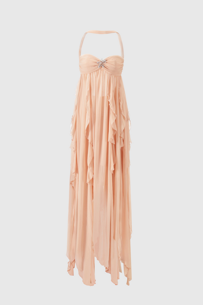 Emine Halter Ruffle Split Maxi Dress - Peach