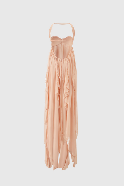 Emine Halter Ruffle Split Maxi Dress - Peach