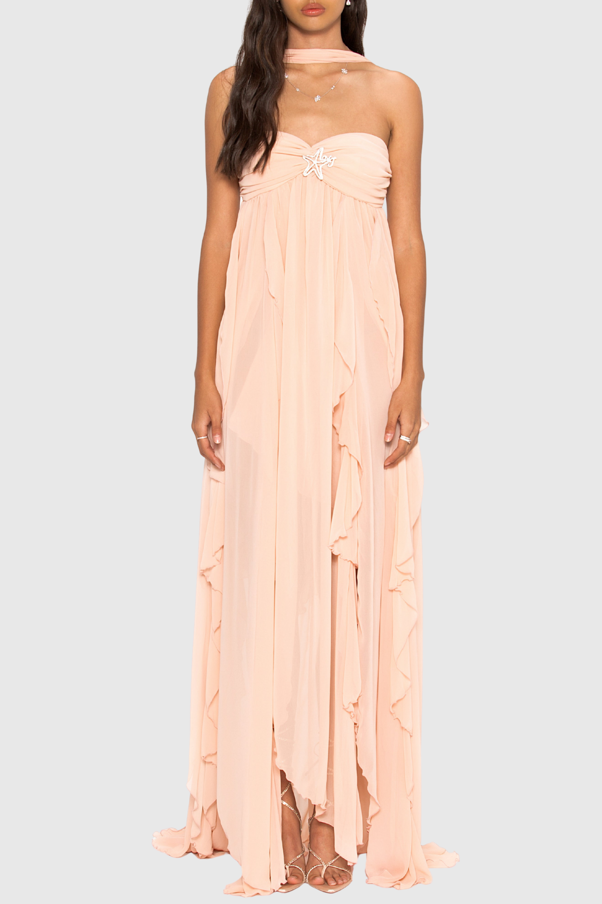 Emine Halter Ruffle Split Maxi Dress - Peach
