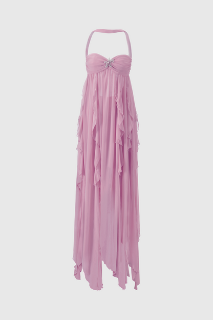 Emine Halter Ruffle Split Maxi Dress - Purple