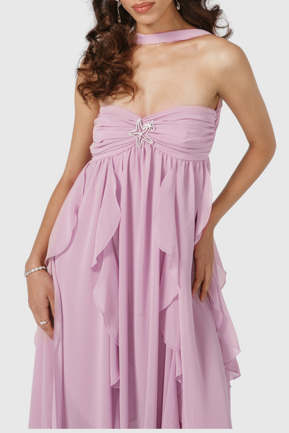 Emine Halter Ruffle Split Maxi Dress - Purple