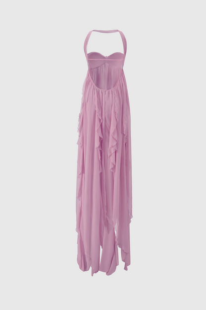 Emine Halter Ruffle Split Maxi Dress - Purple