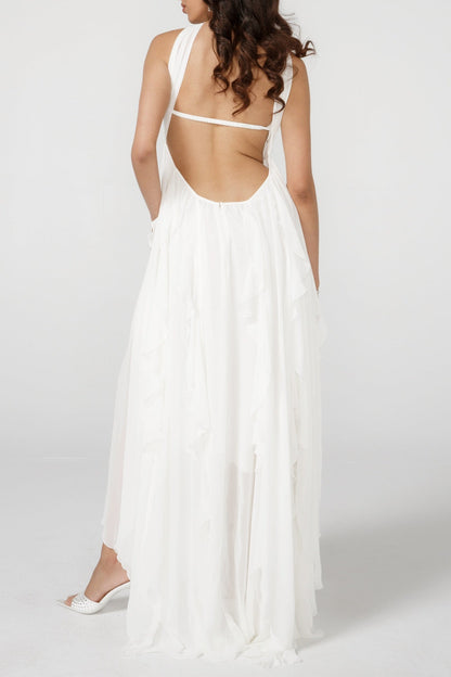 Emine Halter Ruffle Split Maxi Dress - White