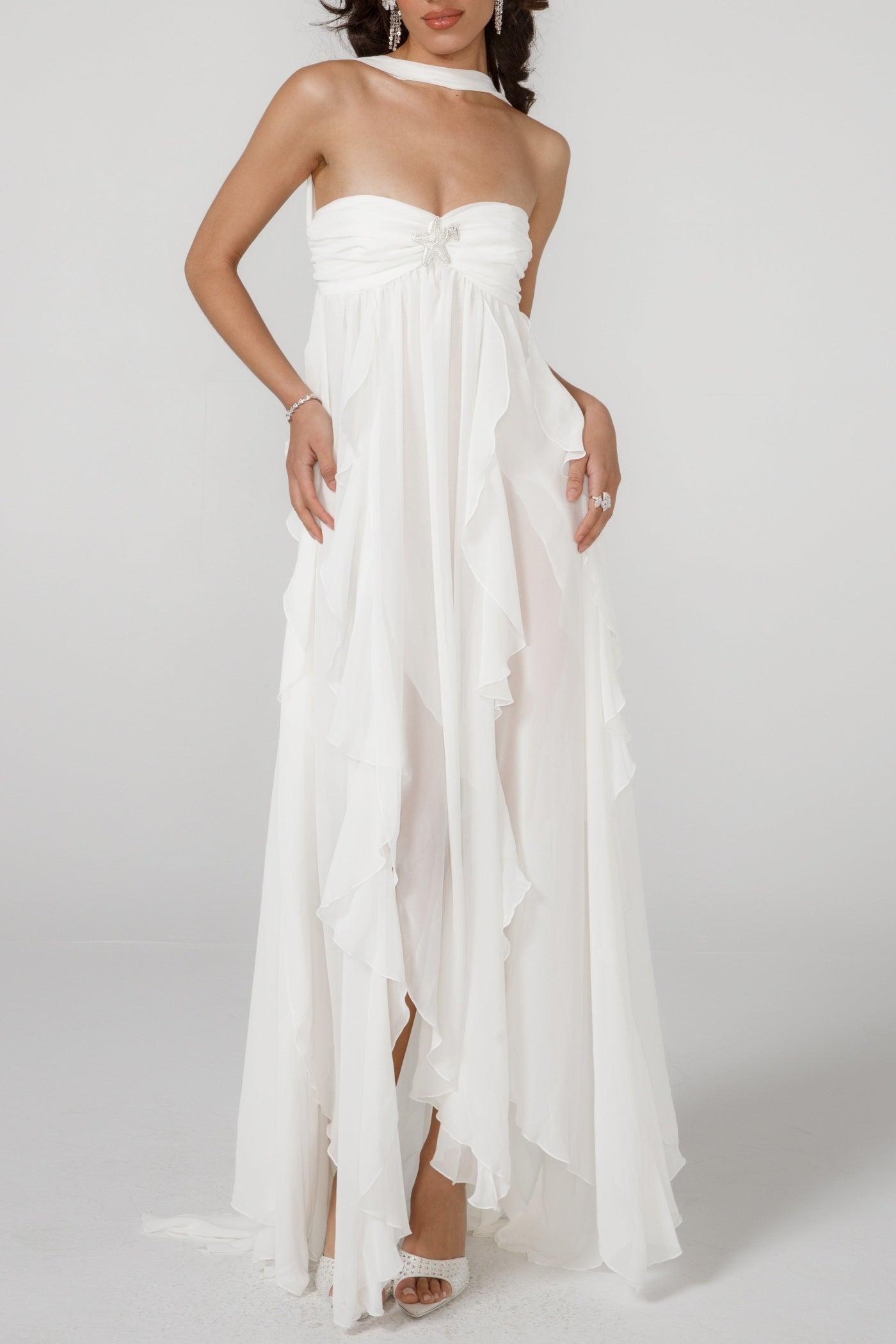 Emine Halter Ruffle Split Maxi Dress - White