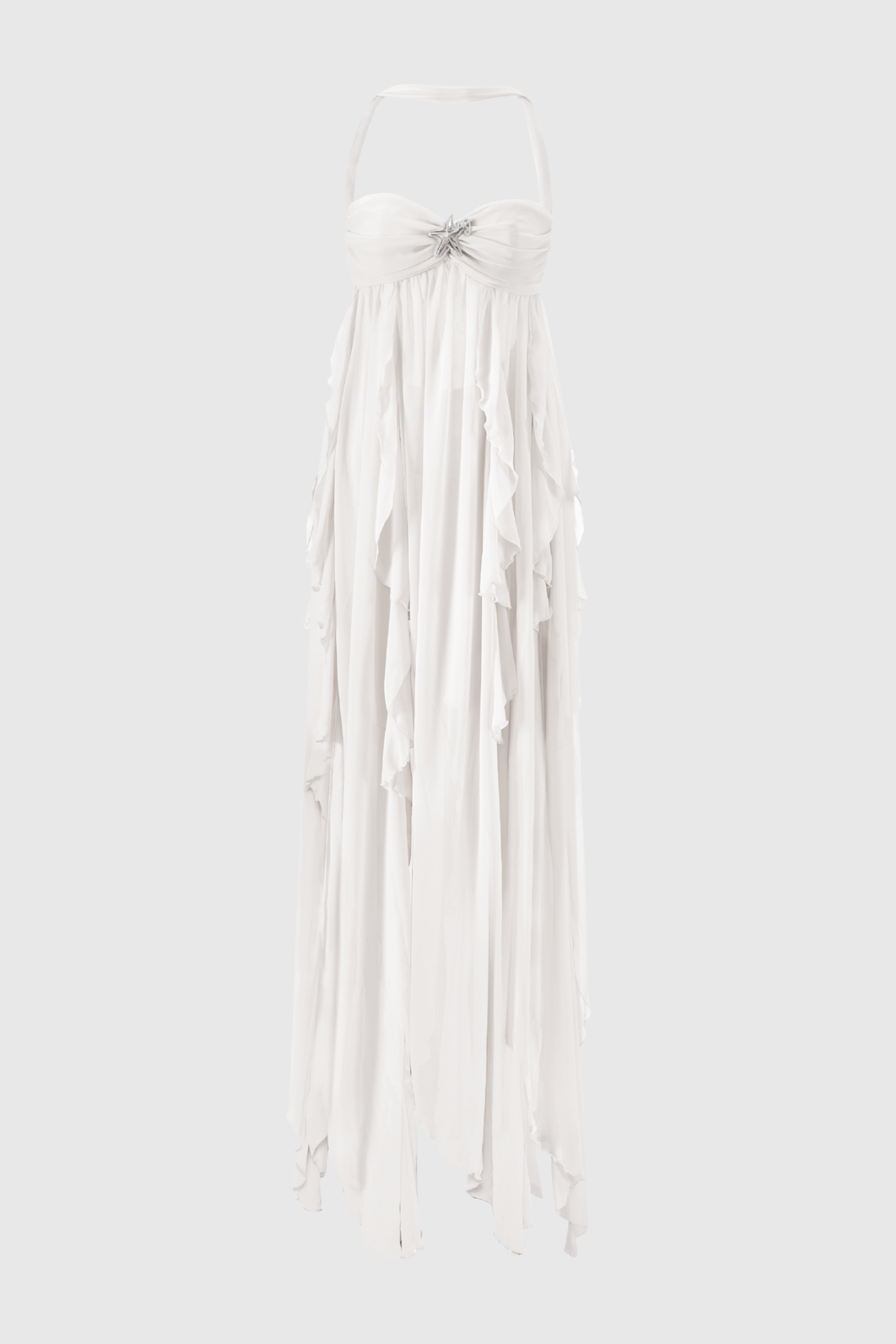 Emine Halter Ruffle Split Maxi Dress - White