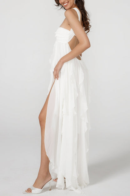 Emine Halter Ruffle Split Maxi Dress - White