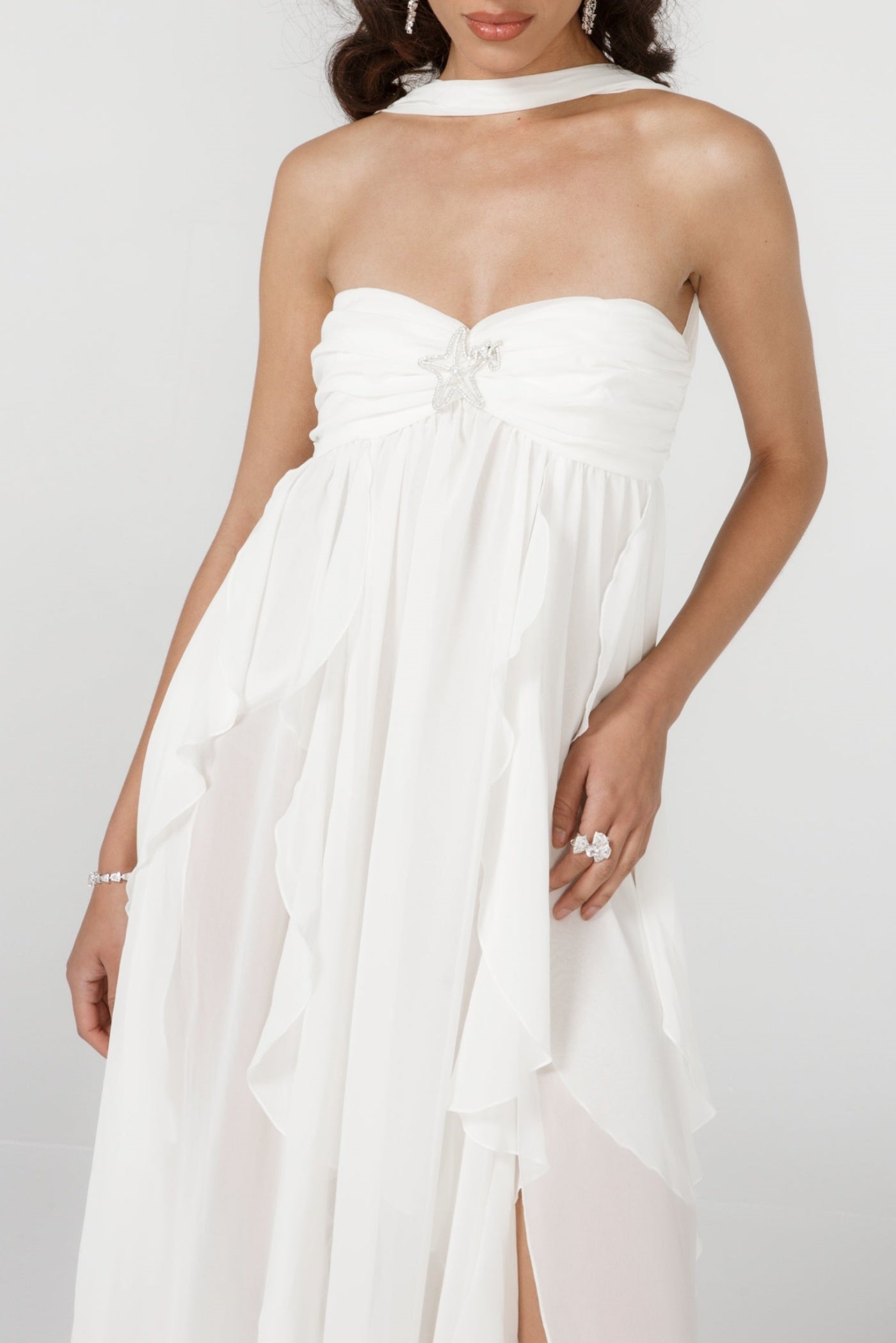 Emine Halter Ruffle Split Maxi Dress - White