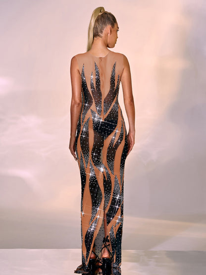 Illusion Neck Rhinestone Mesh Flame Stripe Bodycon Maxi Gown