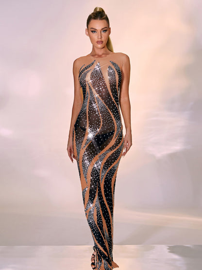 Illusion Neck Rhinestone Mesh Flame Stripe Bodycon Maxi Gown