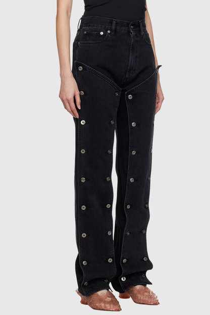Emmalyn Patchwork Button Jeans - Black