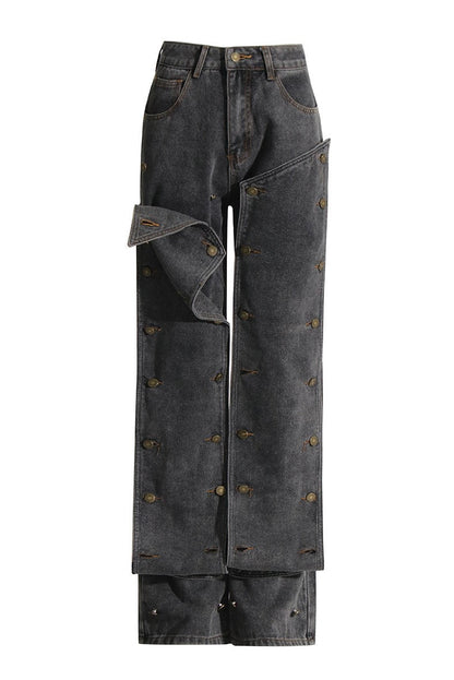 Emmalyn Patchwork Button Jeans - Grey