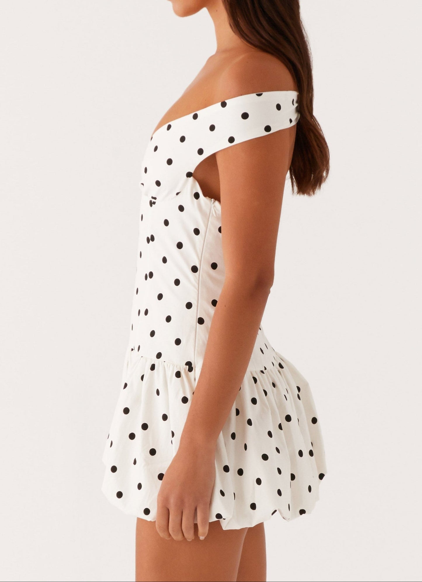 Analia Off Shoulder Mini Dress - White Polka Dot