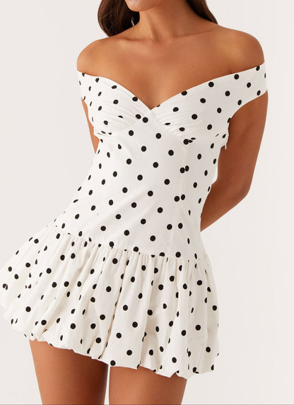 Analia Off Shoulder Mini Dress - White Polka Dot