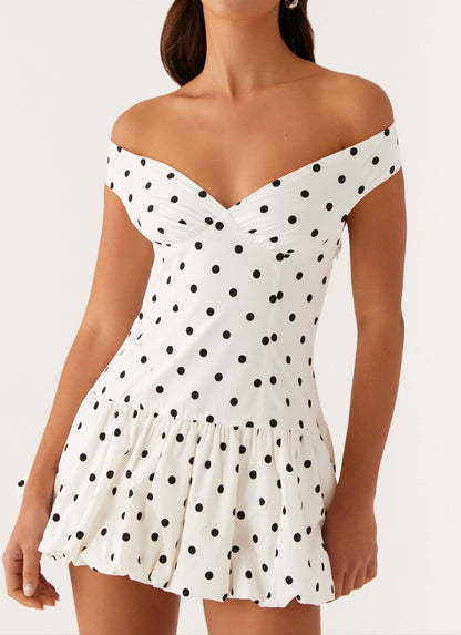 Analia Off Shoulder Mini Dress - White Polka Dot