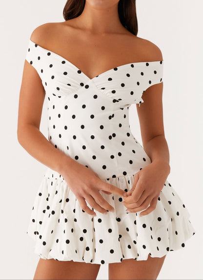 Analia Off Shoulder Mini Dress - White Polka Dot