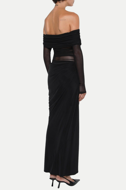 Enko Off Shoulder Ruched Mesh Maxi Dress - Black