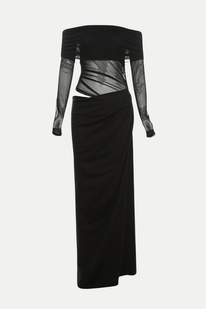 Enko Off Shoulder Ruched Mesh Maxi Dress - Black