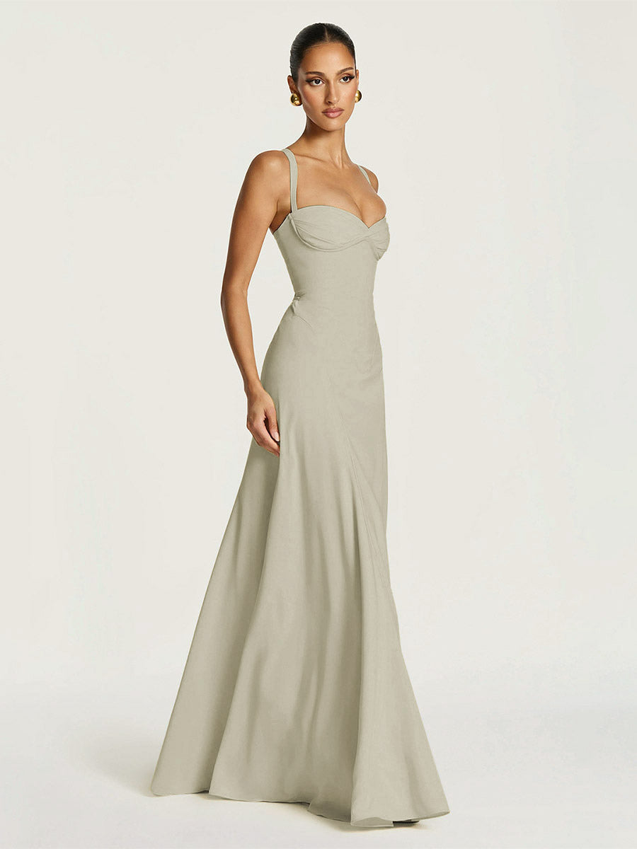 Party Dress Maxi Beige Halter Pleated Sleeveless Backless Chic Semi Formal Dress