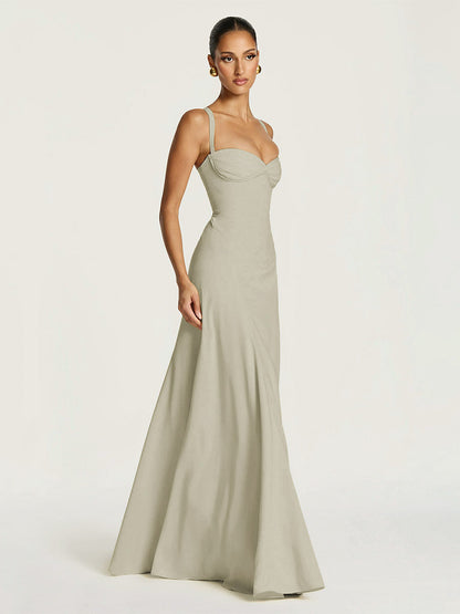 Party Dress Maxi Beige Halter Pleated Sleeveless Backless Chic Semi Formal Dress