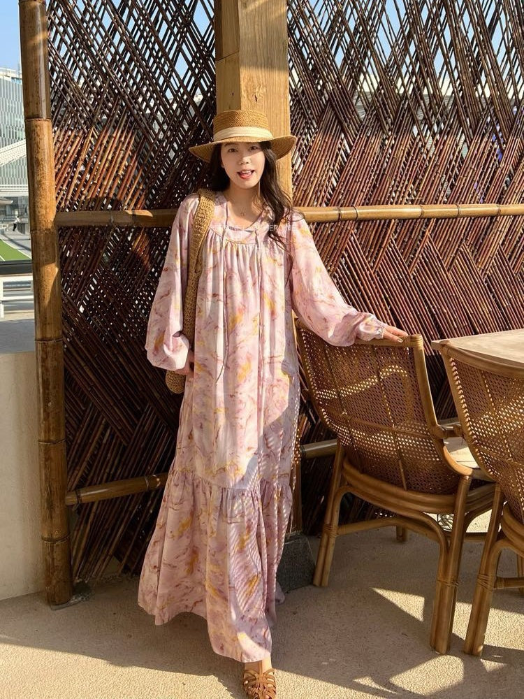 Breeze Cotton Long Dress Sweet & Relaxed Travel-Ready Loose Fit Gown Flowy Floral Dress