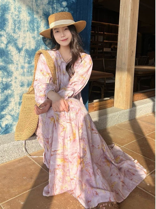 Breeze Cotton Long Dress Sweet & Relaxed Travel-Ready Loose Fit Gown Flowy Floral Dress