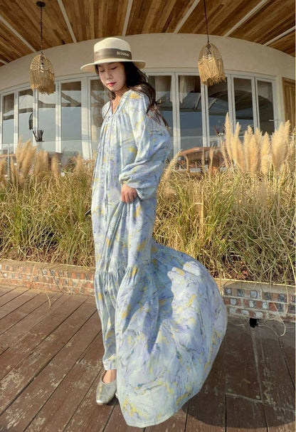 Breeze Cotton Long Dress Sweet & Relaxed Travel-Ready Loose Fit Gown Flowy Floral Dress