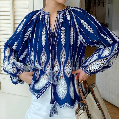 Blue Embroidery Lantern Sleeve Ethnic Boho Blouse
