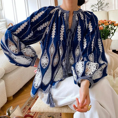 Blue Embroidery Lantern Sleeve Ethnic Boho Blouse