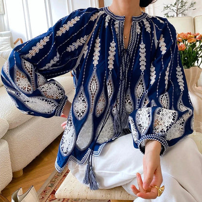 Blue Embroidery Lantern Sleeve Ethnic Boho Blouse