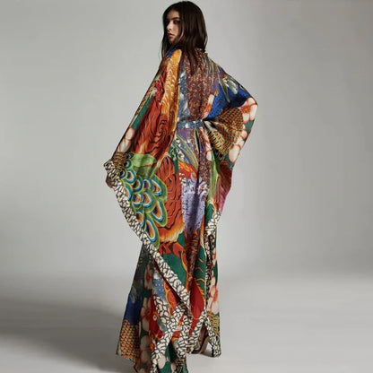 Chiffon Ethnic Peacock Pattern Long Cardigan Boho Cover up